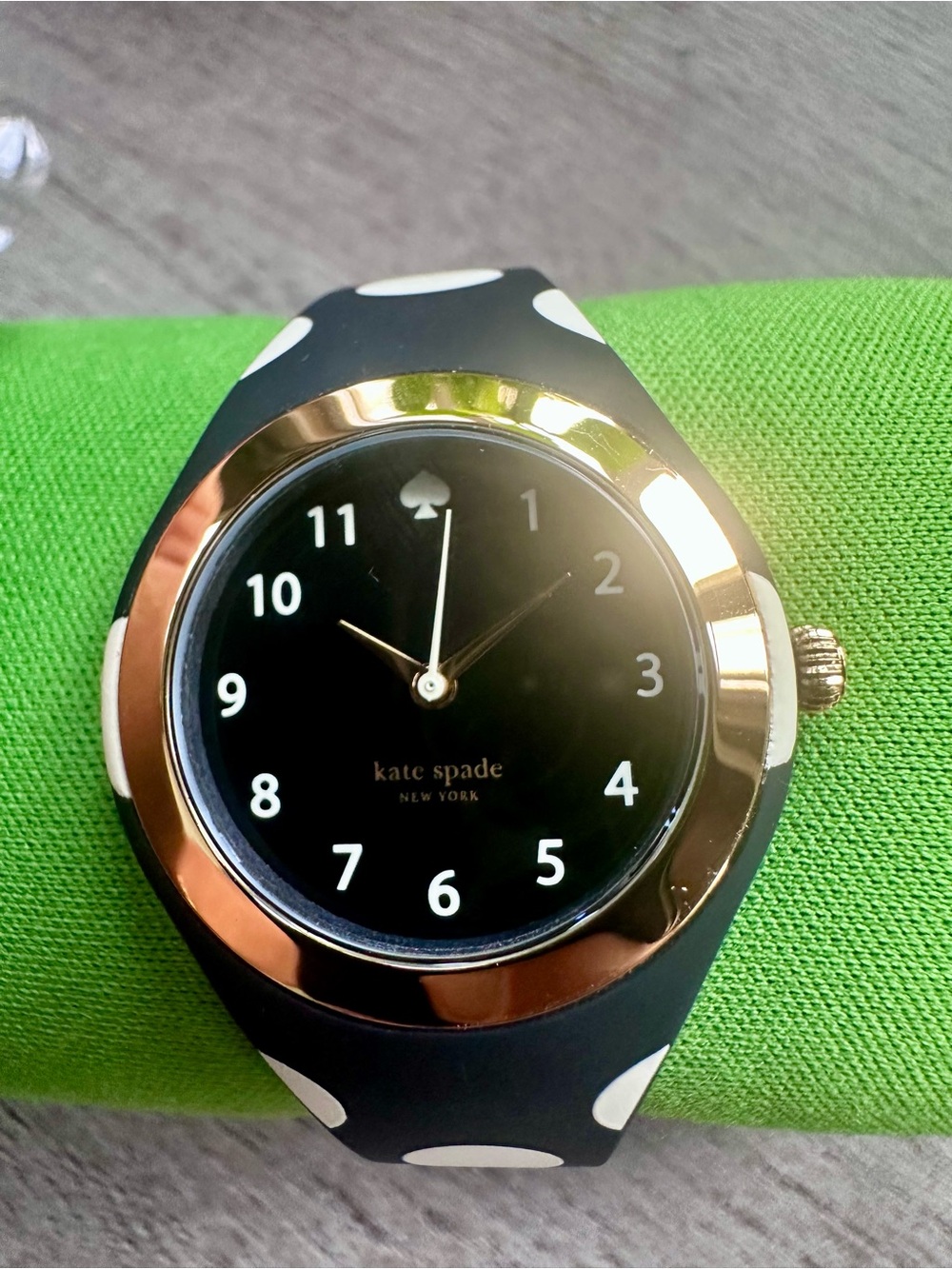 kate spade Black and White Polka Dot Silicone Watch with Gold Bezel
